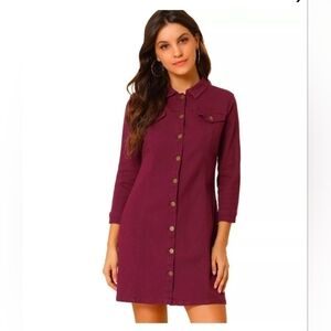 Allegra K Women's 3/4 Sleeve Button Down Denim Slim Fit Shirt Dress